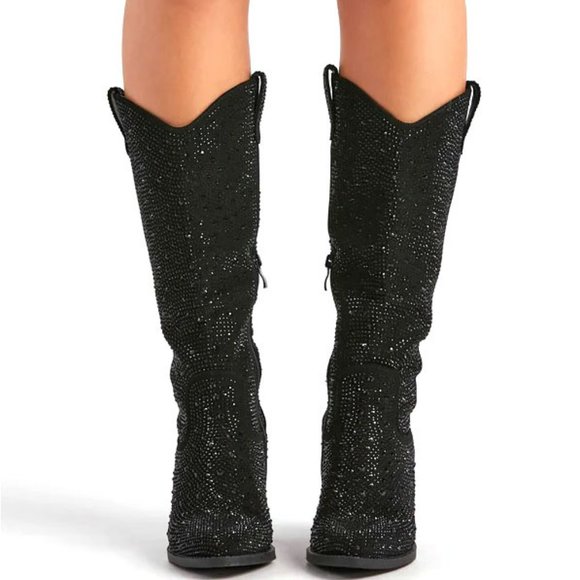 New Black Blingy Rhinestone Knee High Cowboy Boots - Picture 8 of 8